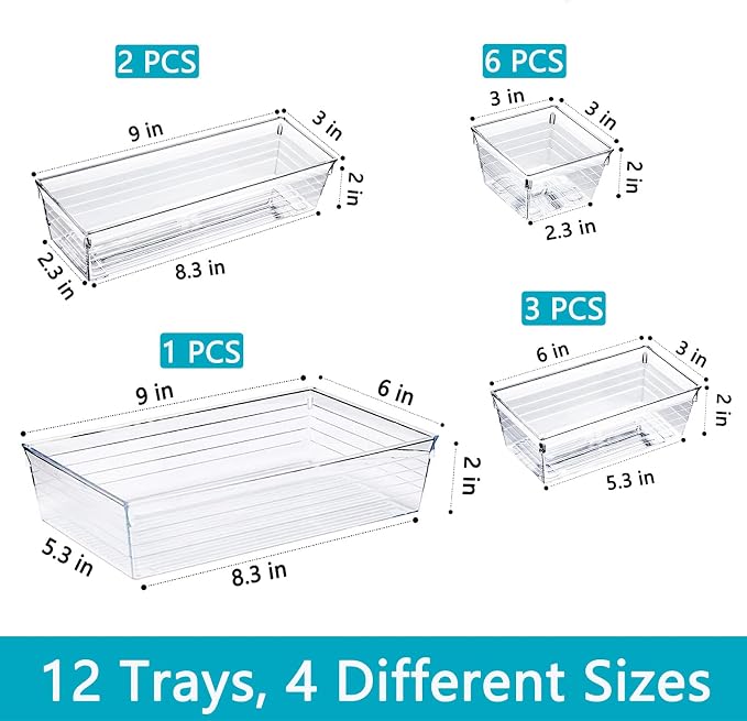 DCA 12 Pack Clear Drawer Organizer, 4 Sizes Makeup organizer, Vanity Organizer for Gadgets,Kitchen,Bathroom,Office - Image 6