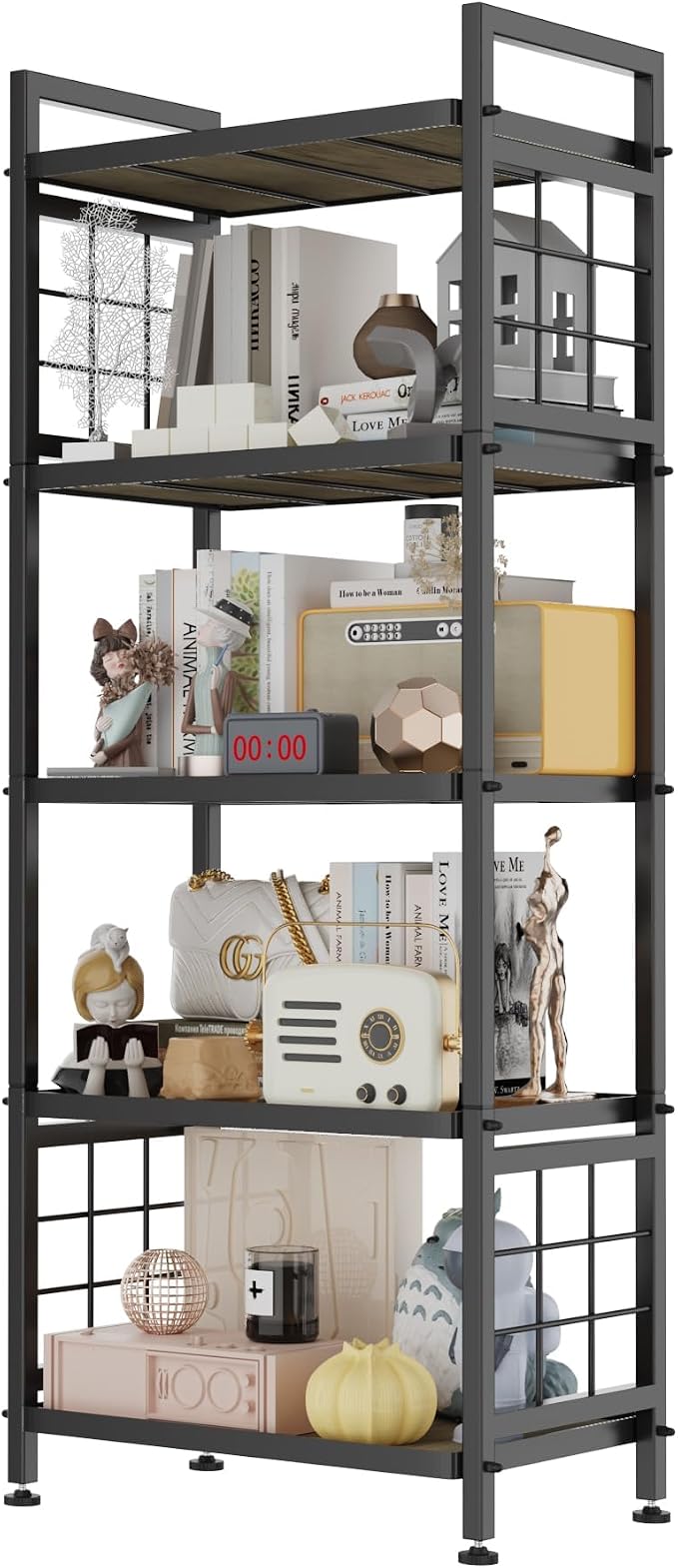 GIOTORENT 5-Tier Pantry Shelves with Wooden Boards, Heavy Duty Storage Shelves & Book Shelf, Adjustable Metal Shelving Unit for Kitchen Bathroom Laundry Organizer, Sturdy Rust-Resistant, Black by GIOTORENT