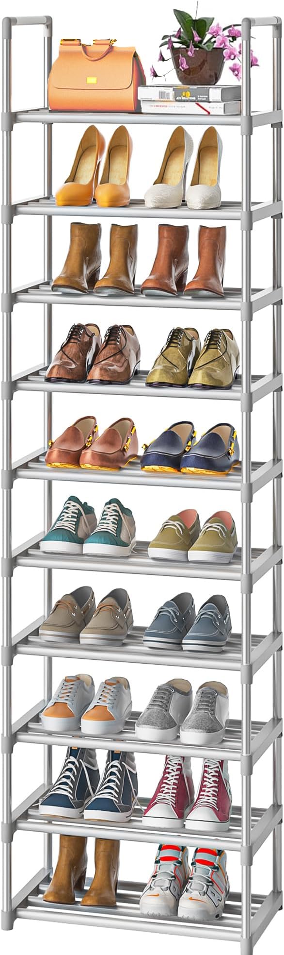 OYREL 10-Tier Metal Shoe Rack, Narrow Shoe Rack Organizer, Sturdy Shoe Shelf for Closets, Entryway, Bedroom, Garage - Silver by OYREL