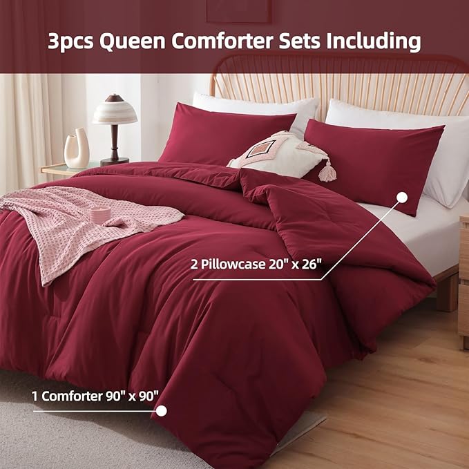 ROSGONIA Oversized King Comforter 120x120, 3pcs Super King Comforter (1 Dark Red Comforter & 2 Pillowcases) Lightweight Warm Bedding Set Blanket Quilt