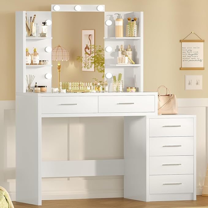 Quimoo 43.3" W Vanity Desk with Mirror and 9 LED Lights, Makeup Vanity with 6 Drawers, 6 Open Shelves, White Vanity for Women Girls, 43.3" W x 13.8" D x 54.3"