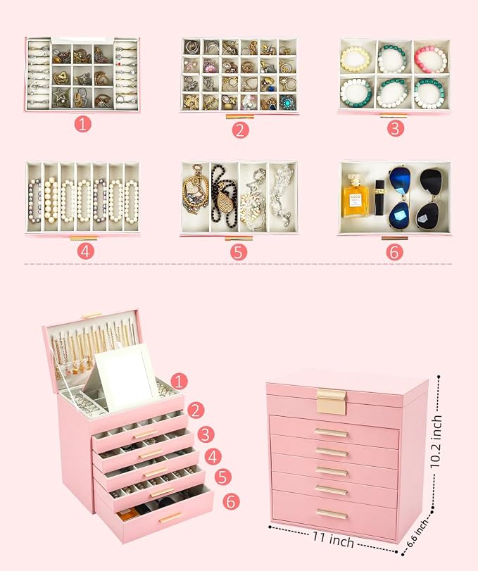BOOVO Jewelry Boxes for Women, White and Black 6 Layer Large Jewelry Box for Necklace, Bracelet, Earrings, Rings Storage, Jewelry holder Organizer for Girls Gift (Pink, 6 layer) - Image 2