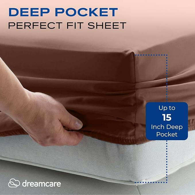 DREAMCARE Twin XL Sheet Sets - 4 pcs Breathable Cooling Bed Sheets - up to 15" Deep Pocket Twin XL Sheets Set with Side Pockets - Extra Soft 100% Brushed Hypoallergenic Hotel Luxury Bedding MochaBrown