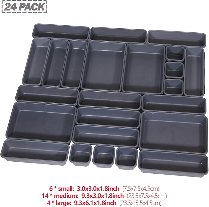 Set of 24 Interlocking Desk Drawer Organizer Tray Dividers Plastic Shallow Narrow Drawers Organizers Separators Storage Bins Container for Kitchen Bathroom Makeup Office Vanity Bedroom Dresser - Image 2