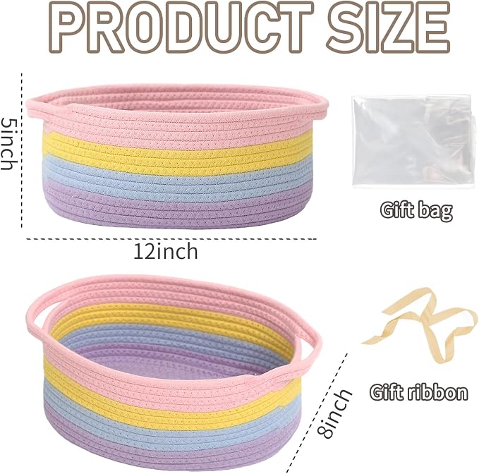 JMvicyroam Woven Basket,Small Rope Storage Bin with Handles & Ribbon Bag, Organizer for Shelves Closets,Gift Basket Empty for Birthday,Books,Dog Toys, Rainbow/3 Pack - Image 2