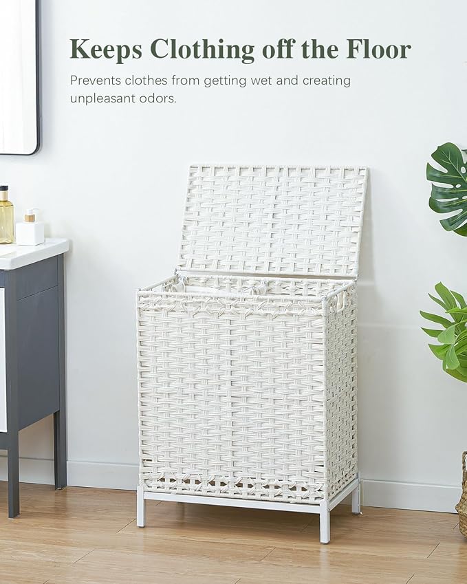 SETVSON Laundry Hamper with Lid,112 L Handwoven Rattan Wicker Laundry Basket, 2 Removable Liner Bags Metal Heightened Feet,6 Mesh Bags,2 Section Large Clothes Hamper for Bathroom Bedroom, Cloud White - Image 3