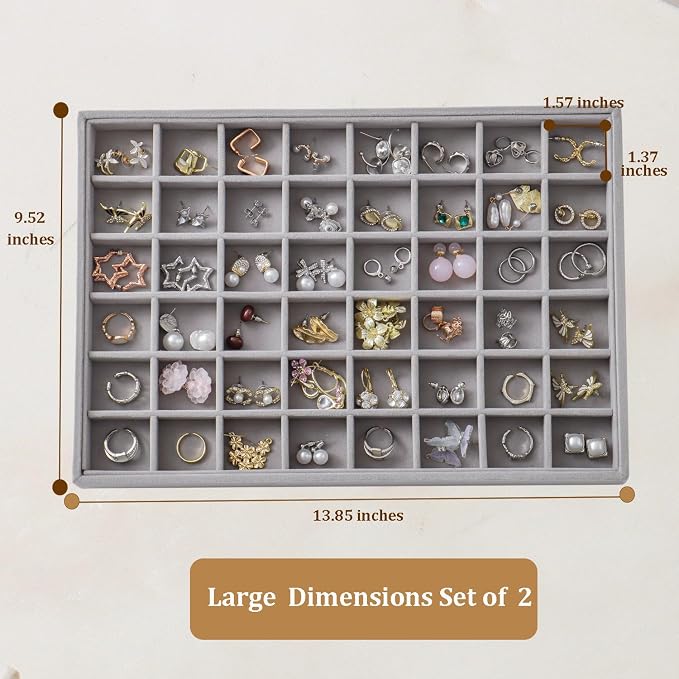 Large Velvet Jewelry Tray 2 Pack Stackable Jewelry Display Drawer Inserts Trays Organizer for Earring Bracelet Necklace Ring (Gray, 48 Grids) - Image 3