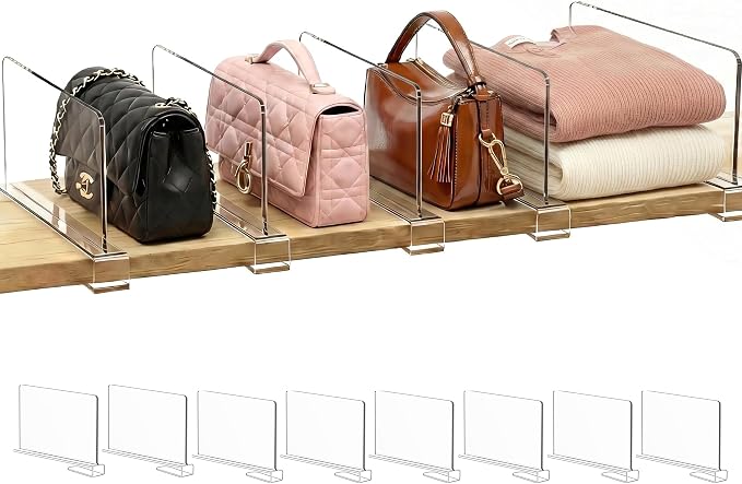 SortNStore Shelf Dividers Purse Organizer for Closet: 6-inch Tall(Shorter Version) Acrylic Handbag Organizer - Small Space Separator for Clutches Evening Bags Pouches Mini-Bags on Wood Shelves 8-Pack by SortNStore