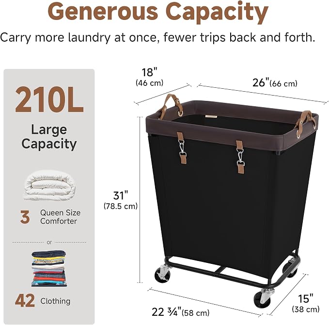 StorageWorks 210L Laundry Basket with Wheels, Extra Large Rolling Hampers for Clothing Organizer, Dirty Clothes Basket for Hotel, Home, Closet, Dorm, Black - Image 3