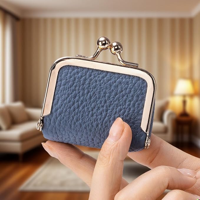 Genuine Leather Mini Jewelry Box & Vintage Wallet for Women - Compact Travel Coin Purse, Lipstick Storage Organizer, Retro Leather Clutch Case (Blue/Mini) - Image 2