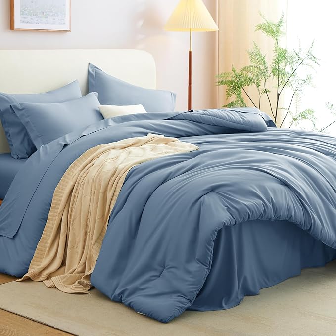 CozyLux Oversized Queen Comforter Set Grayish Blue, 7 Pieces Bed in a Bag Comforter Set with Sheets, Dusty Blue Luxury Soft Bedding Sets with Down Alternative Comforter, Sheets, Pillowcases & Shams