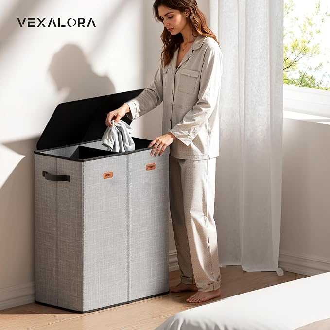 150L Double Laundry Hamper With Lid, Large Clothes Hampers with Removable Bag, Laundry Hamper 2 Section for Bathroom, Bedroom, Laundry Room, Dorm, Grey - Image 2