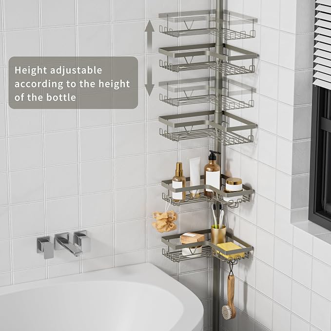 KEGII Shower Caddy Tension Pole, 4-Tier Rustproof Adjustable Corner Bathroom Organizer for Renters, 25–114.2 Inch No Drill Space-Saving Shower Storage Rack, Silver Gray - Image 2