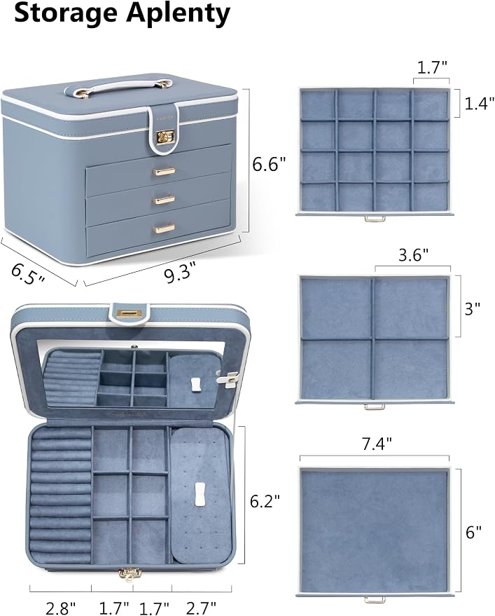 KAMIER Jewelry Boxes for Women, 4 Layer Jewelry Organizer with Mirror, 3 Drawers, Large Jewelry Box for Bracelets, Earrings, Rings, Necklaces, Mothers Day Gifts for Loved One, Bluish Grey - Image 5
