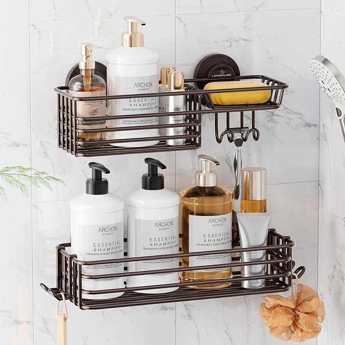 LEVERLOC Shower Caddy Suction Cup, 2 Pack Shelves for Inside with Hooks and Soap Organizer, NO-Drilling Bathroom Holder, Rustproof Meatl Bathroom Basket, Brown by LEVERLOC