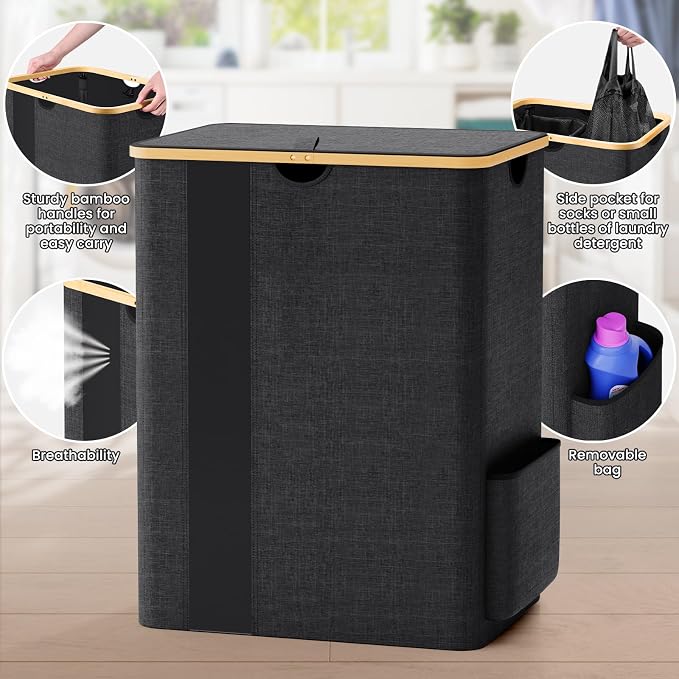 BlissTotes Laundry Basket with Lid, 150L Clothes Laundry Hamper with Handles and 2 Removable Laundry Bag, Breathable Design Hamper with Lid for Bedroom, Bathroom, Dorm, Laundry Room - Dark Grey - Image 3