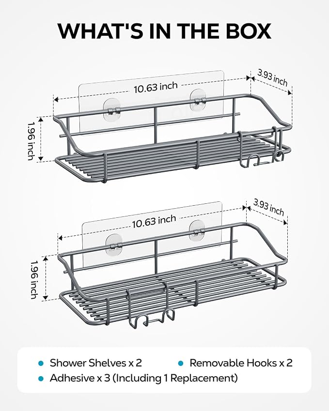 Nieifi Shower Caddy Shelf with Hooks Storage Rack Organizer Adhesive Stainless Steel Without Drilling for Bathroom, Lavatory, Washroom, Restroom, Shower, Toilet, Kitchen - 2 Pack (Gray) - Image 7