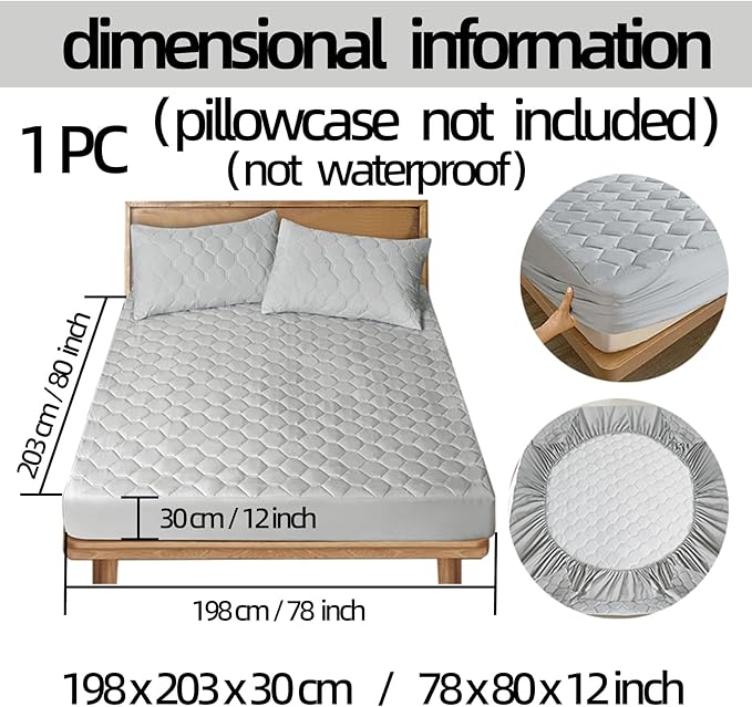 Bedding Quilted Fitted Mattress Cover, Elastic Fitted Mattress Protector, Mattress Pad Stretches up to 12 Inches Deep, Machine Washable Mattress Topper (Gray, King)