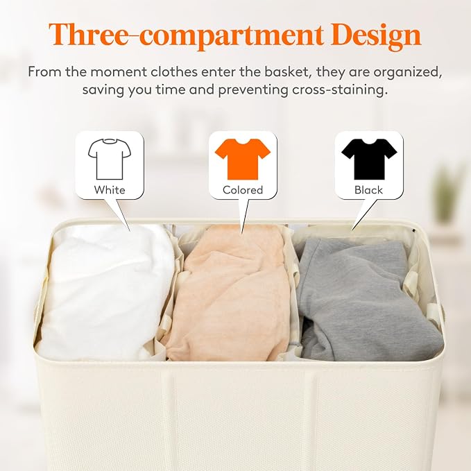 Lifewit Triple Laundry Hamper with Lid and Removable Laundry Bags, Large Collapsible 3 Dividers Dirty Clothes Basket with Handles for Bedroom, Laundry Room, Closet, Bathroom, College, 160L White - Image 4