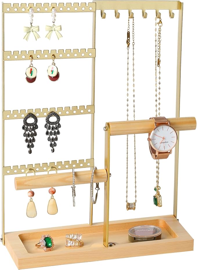 Jewelry Organizer Stand, Jewelry Holder, Lengnoy 4 Tier Earring Holder with 48 Holes and 6 Hooks Necklace Organizer Wood Box for Necklace Bracelet Earring Ring, Gold by lengnoyp