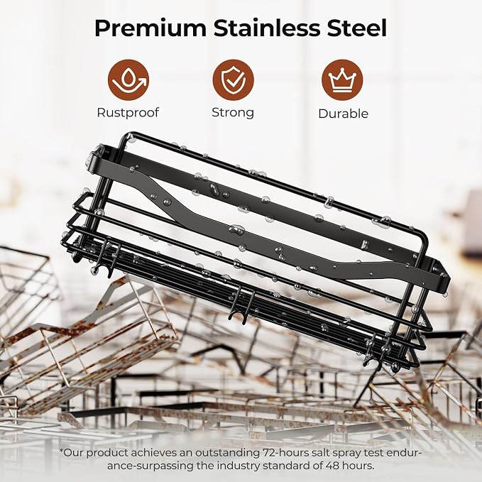 Orimade Shower Caddy Basket Shelf Storage Rack, No Drilling Wall Mounted Adhesive Rust Resistant Stainless Steel Shower Organizer with 5 Hooks for Bathroom, Black 2 Pack - Image 6
