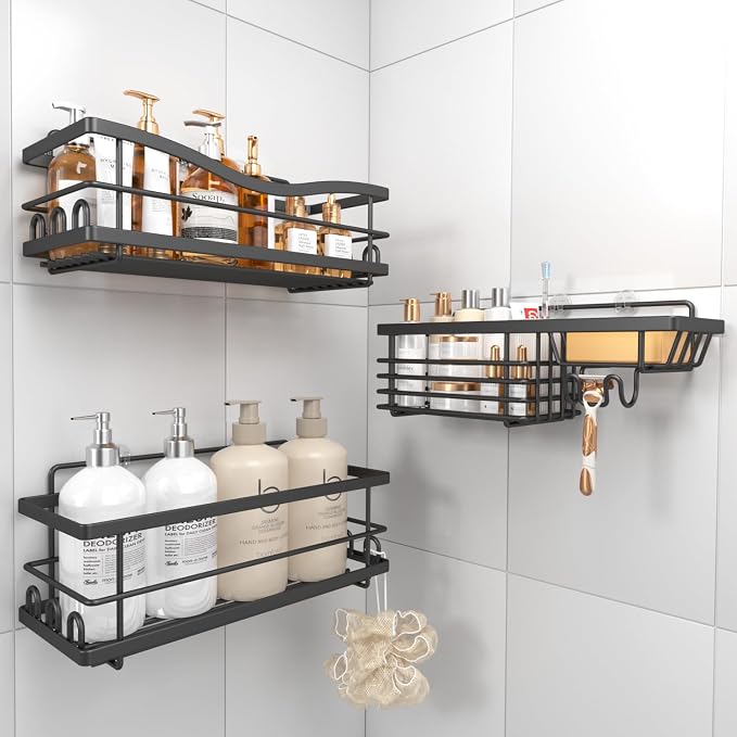 Youvip Shower Caddy, 3 Pack Large Capacity Bathroom Organizers and Storage, No Drilling Adhesive Rustproof Shelves with Soap Holder, Home Decor, Black - Image 7