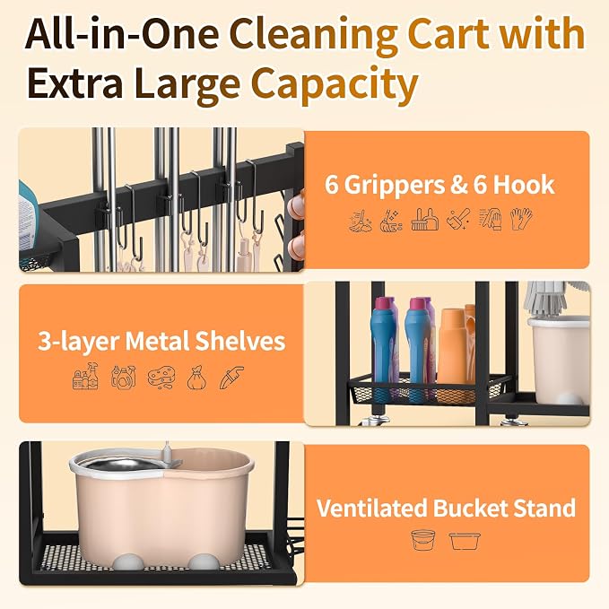 Broom Holder with Cleaning Supplies Organizer Load 350 LBS Cleaning Cart with Wheels Broom Closet Storage with 3-Tier Shelves, 6 Mop Hanger Grippers, 3 Double-Hooks, Vacuum Stand for Laundry Garage - Image 4
