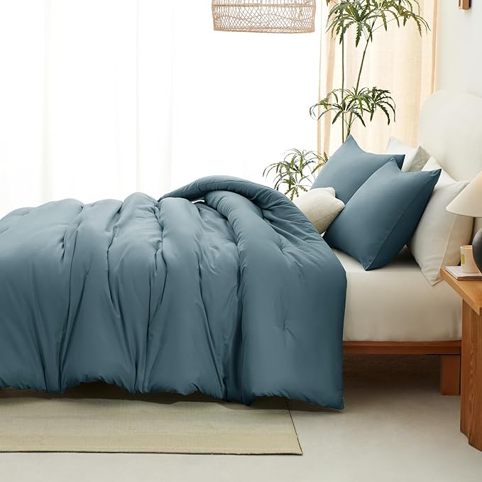 CozyLux King Size Comforter Set Mineral Blue, 3 Pieces Solid Comforters King Size Breathable Quilted Bedding Sets, Luxury Soft Lightweight Bed Set with Down Alternative Comforter and 2 Pillowcases