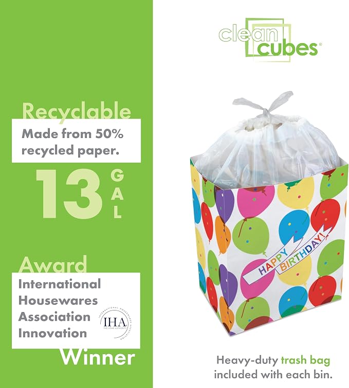 Clean Cubes 13 Gallon Disposable Pop-Up Trash Cans (3-Pack) with Fitted Bags – Foldable Garbage & Recycling Bins for Parties, Events & Kitchen (Birthday, 17" H x 13.5" W x 10" D) - Image 5