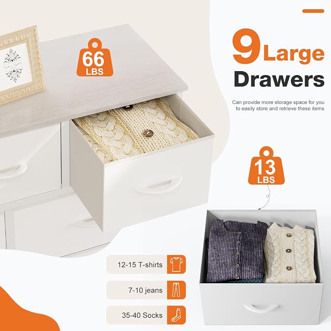 Sweetcrispy 9-Drawer Fabric Dresser Storage Tower with Wood Top and Steel Frame, Organizer Chest with Easy Pull Handles for Bedroom, Closet, Hallway,Pure White - Image 5