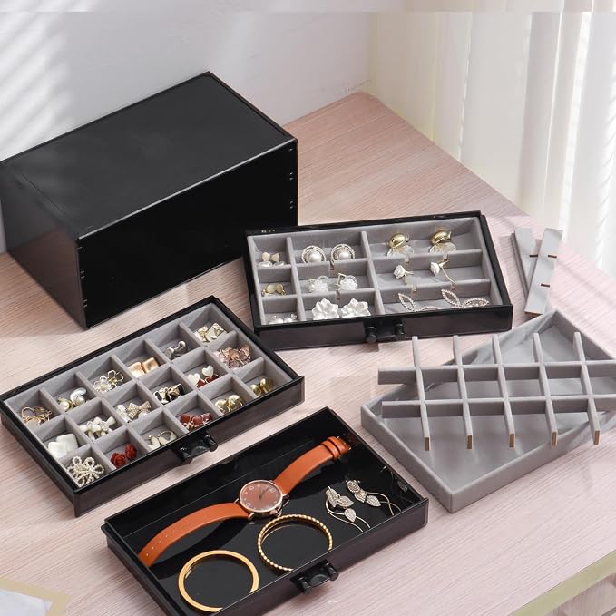 YUFONG Earring Organizer Box Acrylic Jewelry Organizer with 3 Drawers 54 Adjustable Grids Clear Stackable Earring Holder Velvet Trays Ring Display Case for Women Girls (Black Gray) - Image 3