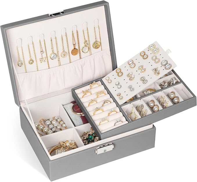 Jewelry Box for Women Girls, 2 Layers Jewelry Organizer Container with Lock, PU Leather Storage Case with Removable Tray, Jewelry Display Box for Necklaces Earrings Bracelets Rings Watches (Grey) by Hatori