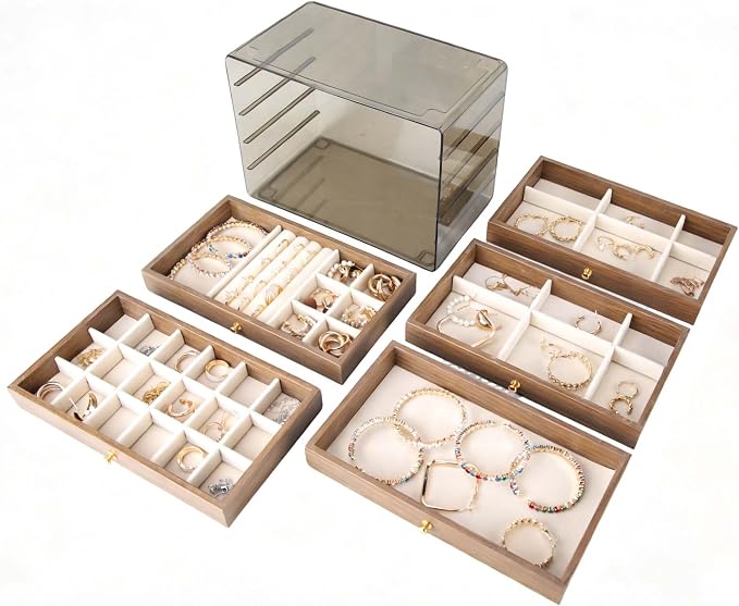 Wooden Jewelry Box Organizers and Storage for Girls Women 5 Drawers Multi-Layer Storage Case for Rings Earrings Necklaces Bracelets Vintage Box - Image 2
