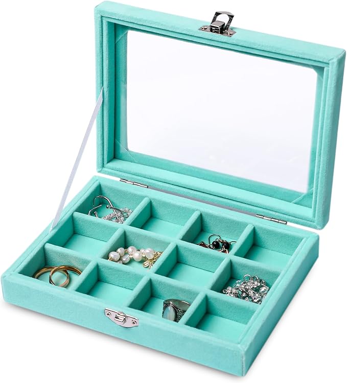 Frebeauty Jewelry Organizer Tray with Clear Lid 12 Grid Velvet Drawer Insert Jewelry Box with Transparent lid Jewelry Display Case Store Showcase Jewelry Box Gift for Women(Turquoise,12 Grid) by Frebeauty