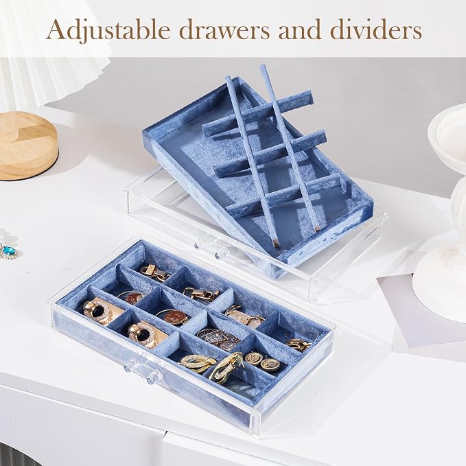 Lolalet Earring Holder Organizer Box Jewelry Storage with 6 Drawers, Clear Acrylic Stackable Earring Case with Adjustable Velvet Trays for Women on Dresser Vanity -Blue, 6 Layers - Image 2