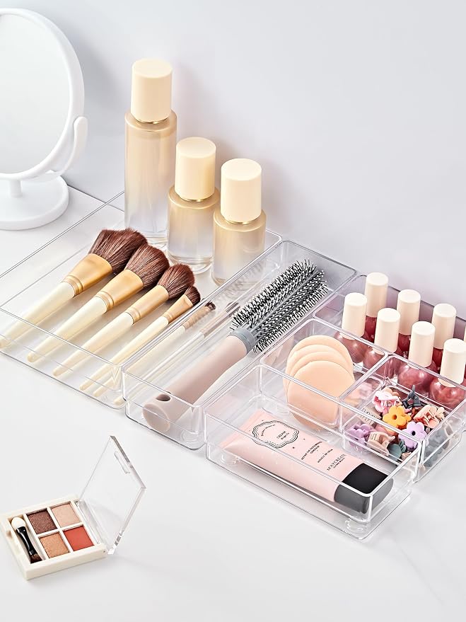 SMARTAKE 37-Piece Drawer Organizer with Non-Slip Silicone Pads, 4-Size Desk Drawer Organizer Trays Storage Tray for Makeup, Jewelries, Utensils in Bedroom Dresser, Office and Kitchen (Clear) - Image 3