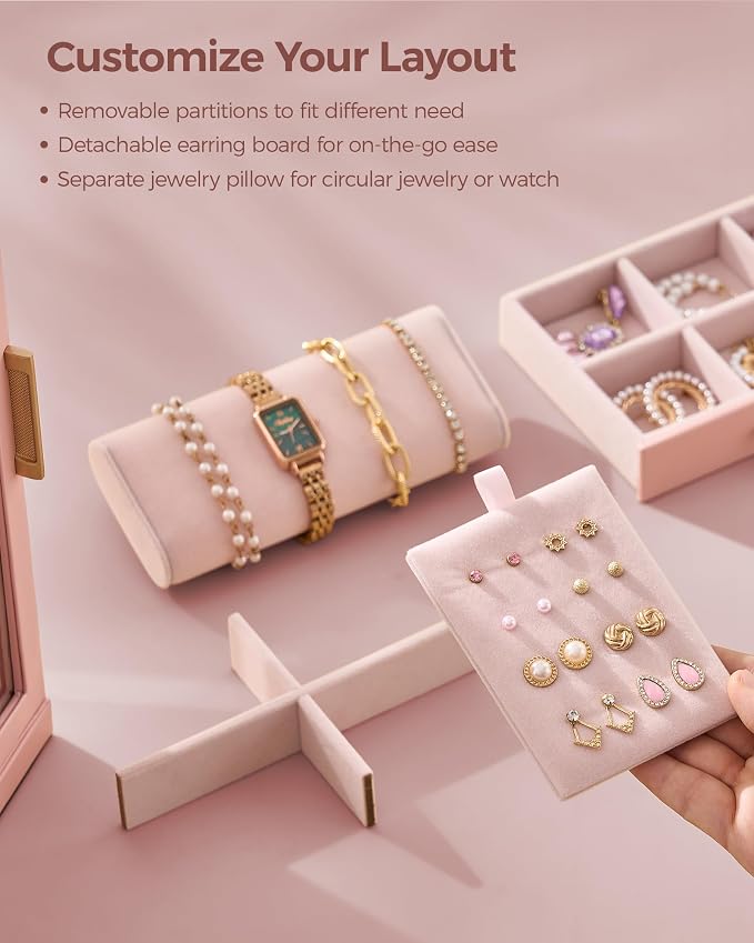 Glimmloop 360° Rotating Jewelry Box with 5 Drawers, Spacious Vertical Jewelry Organizer with Glass Window, Jewelry Storage Case, Dustproof & Moisture-resistant Design, Pink - Image 6