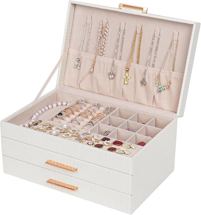 Dajasan Jewelry Box Organizer, 3-Tier Large Jewelry Storage Organizer with 2 Drawers, Space-Saving Jewelry Boxes for Women, PU Leather Surface with Texture, Gift Idea, Modern Style (White) by DAJASAN