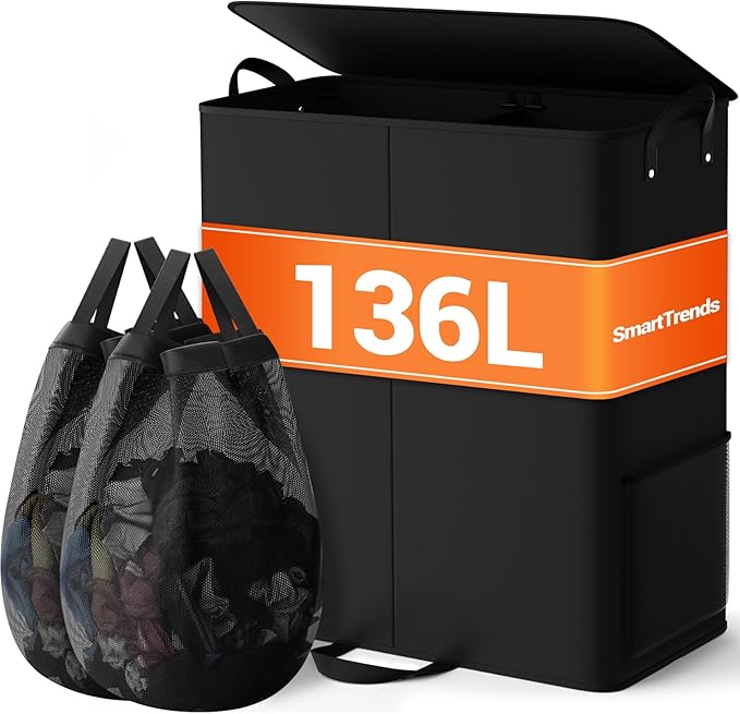 Large Double Laundry Hamper with Lid, Removable Bags & Reinforced Handles, 2 Section Tall Laundry Basket, Dirty Clothes Hampers for Laundry Room, Bedroom, Bathroom, Dorm, 136L, Black by Unknown