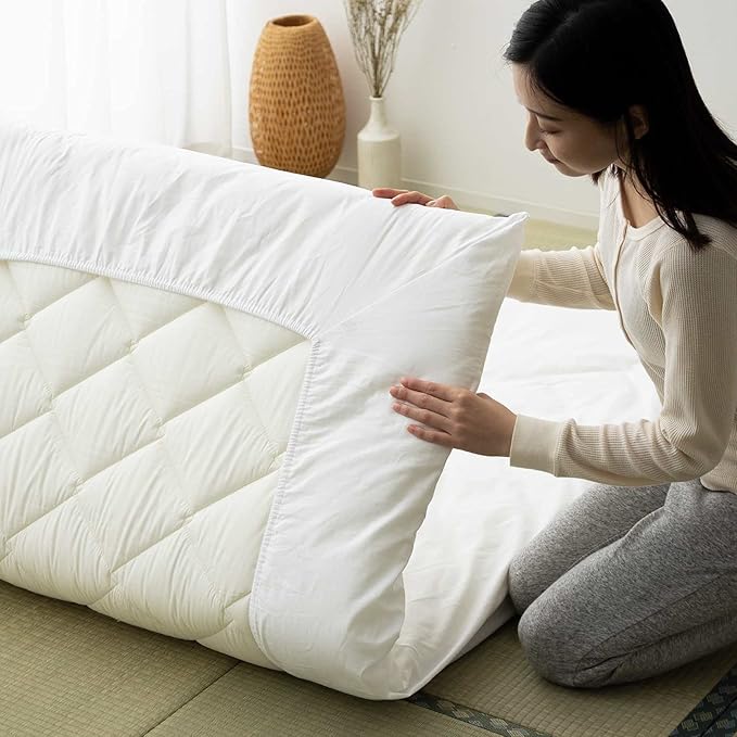 EMOOR Japanese Futon Mattress CLASSE & Fitted Sheet PRESSO Full Made in Japan, Cotton (Gray) Foldable Floor Sleeping Bed Tatami Mat