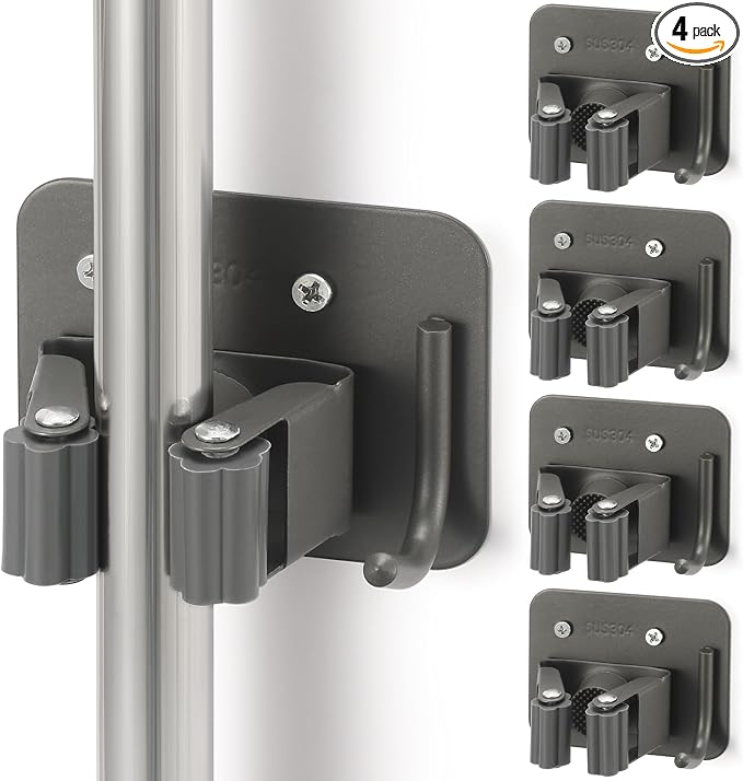Broom Holder Wall Mount Screw Drilling, Sturdy Heavy Duty Stainless Steel Mop Gripper Rack Perforated, Perfect for Laundry Room Organizer, Fit with Laundry Kitchen Garage Garden Storage System by Unknown