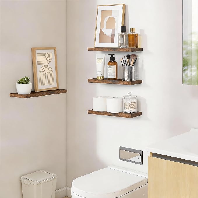 BAYKA Floating Shelves for Wall, 15.7in Wall Mounted Rustic Wood Shelves for Bathroom, Bedroom, Living Room, Kitchen, Hanging Shelf for Storage/Room Decor with 22lbs Capacity (Rustic Brown, Set of 4) - Image 2