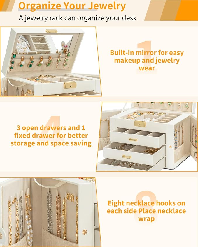 AKOZLIN Large 4-Tier Jewelry Box Leather Jewelry Storage Organizer with 3 Drawers Lockable for Women Girls Ring Necklace Earring Bracelet Watches Holder with Mirror White - Image 5