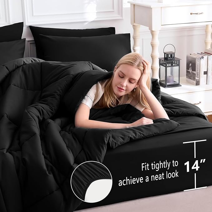 CozyLux Oversized Queen Comforter Sets Black, 7 Pieces Bed in a Bag, Ultra-Soft All Season Bedding Sets with Stitch Quilted Comforter, Flat Sheet, Fitted Sheet, Pillowcases