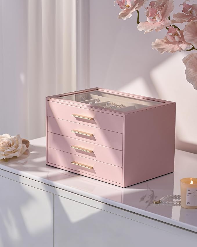 pickpiff Jewelry Box Organizer Case for Women: 4-Layer Jewelry Storage Case with Glass Window, Pink Leather with Velvet Holder for Ring Necklace Bracelet Brooch Watch, Great Gift for Her - Image 7