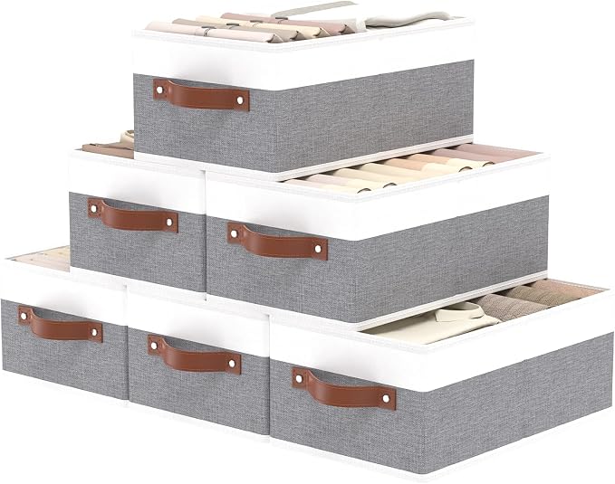 OUTBROS Storage Bins, Foldable Storage Baskets for Organizing,Fabric Storage Boxes With Handles,For bedrooms, living rooms, Shelves,Gray/White,16.1x6.5x9.8in,6-Pack by OUTBROS