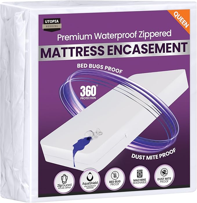 Utopia Bedding Premium Waterproof Bed Bug Mattress Cover, Queen Zippered Mattress Protector, 14 Inches Deep, Dust Mite Proof 6-Sided Mattress Encasement for Bed