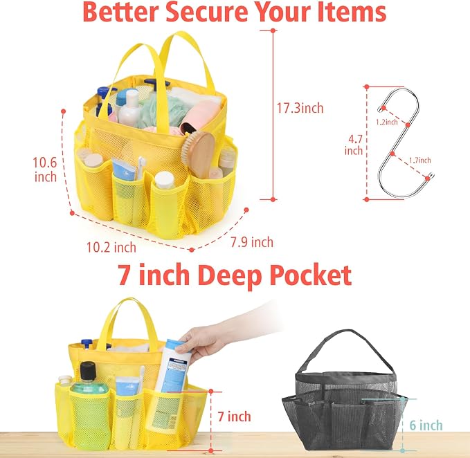 F-color Mesh Shower Caddy Portable, Upgrade Deeper 7 Pockets Shower Bag Basket Tote for College Dorm Room Toiletry Bathroom Essentials Gym Camp Quick Dry 2 handles with S Hook, Yellow - Image 4