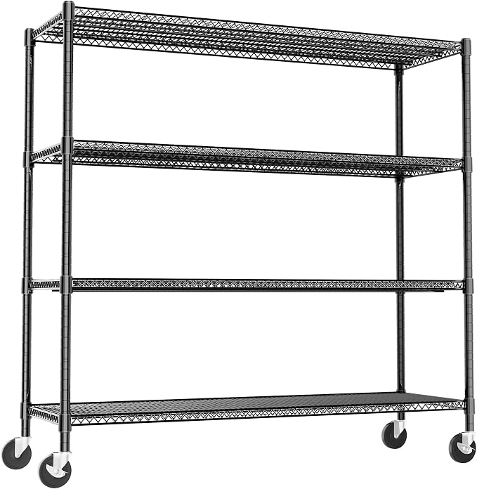 Heavy Duty Shelving, 76.2" H Garage Shelving Unit with Wheels, 4-Tier Garage Storage Shelves Metal Shelves Rack, Adjustable Industrial Shelving for Warehouse Storage, 60" W x 24" D x 76.2" H, Black - Image 8