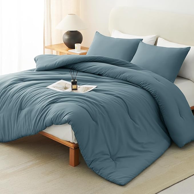 CozyLux King Size Comforter Set Mineral Blue, 3 Pieces Solid Comforters King Size Breathable Quilted Bedding Sets, Luxury Soft Lightweight Bed Set with Down Alternative Comforter and 2 Pillowcases